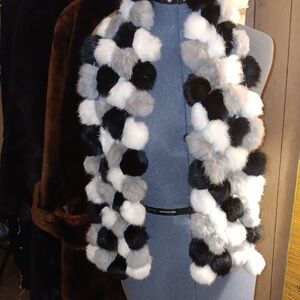 Plush Pom-Pom Fur Scarf in Black, Gray & White